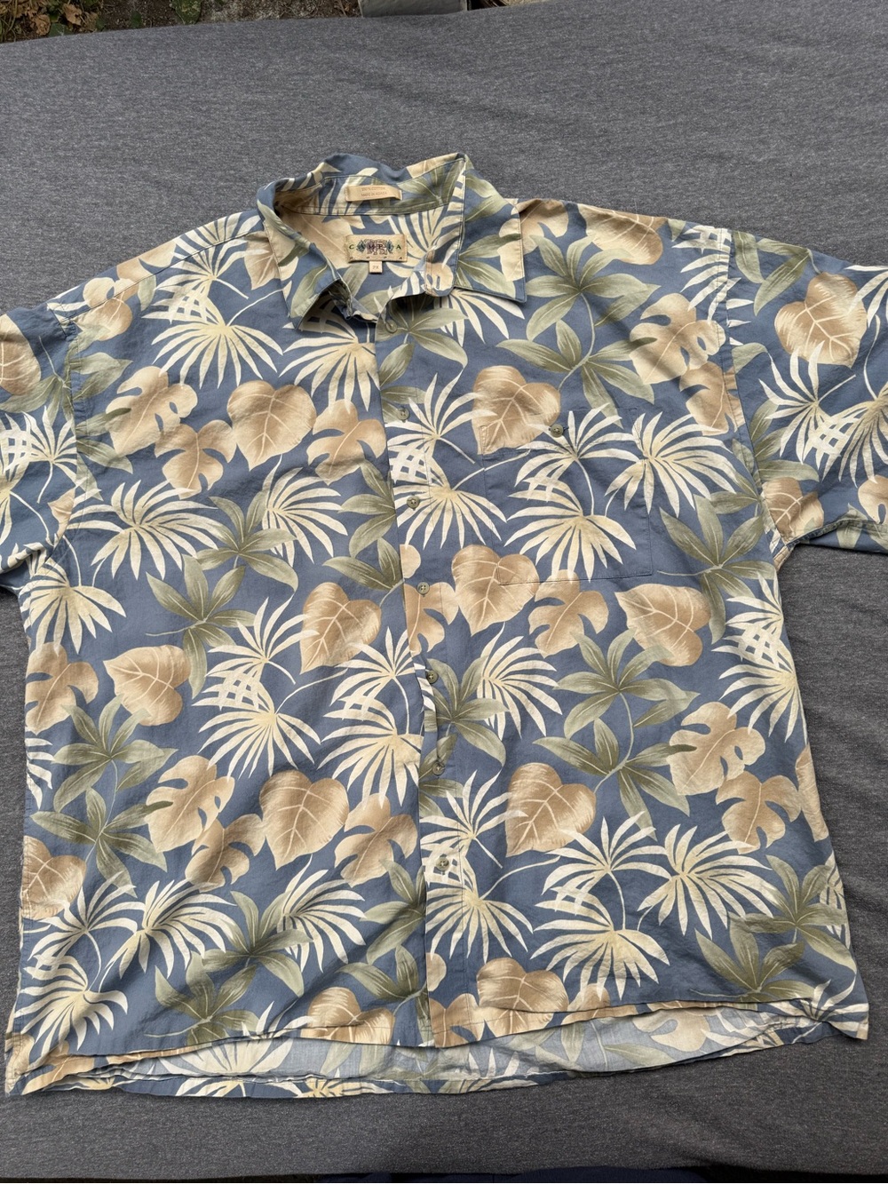 VINTAGE Campia Moda Hawaiian Shirt 2XL Blue Tropical Monstera Leaf Print Cotton⁠